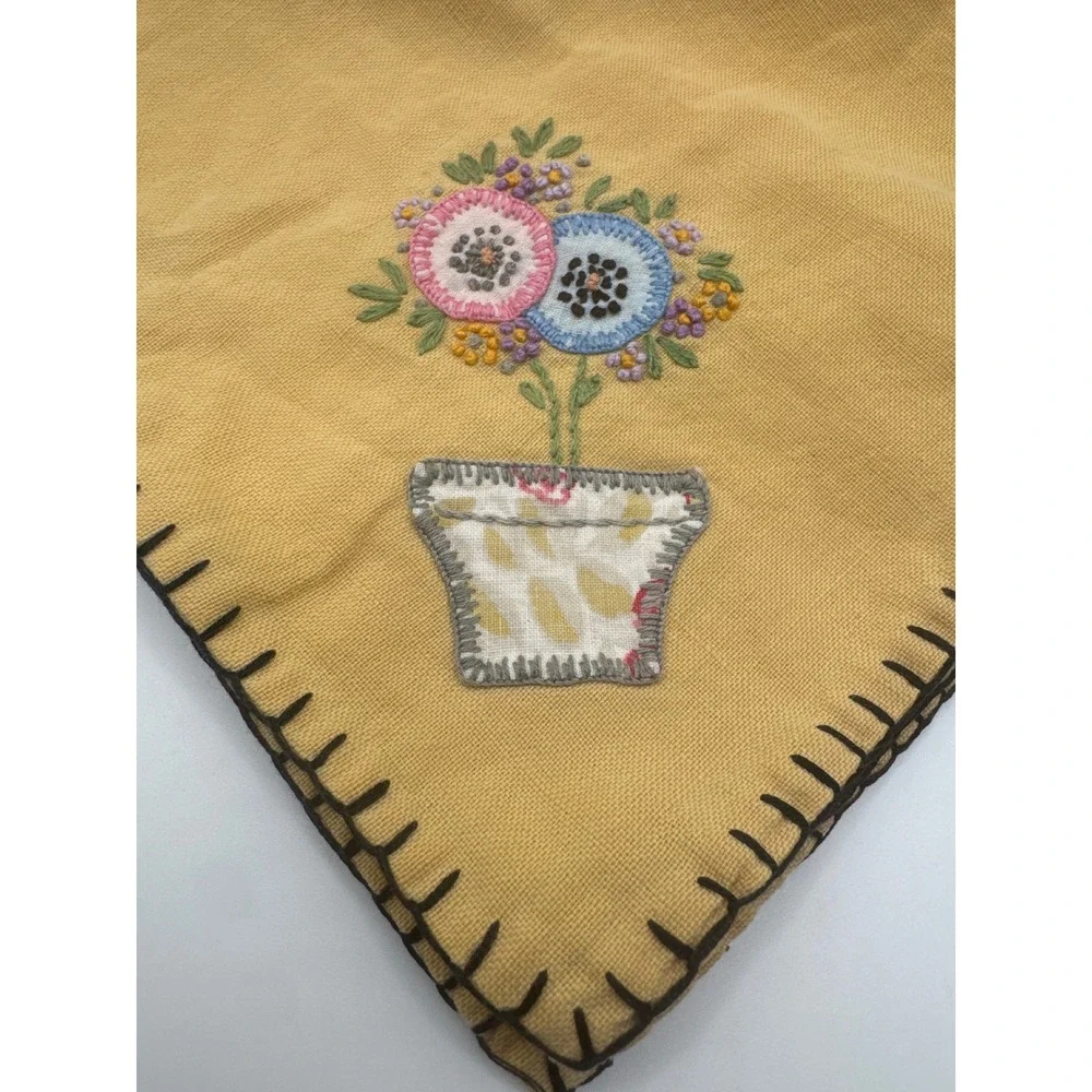 Vintage Hand Embroidered Floral Linen Napkin Mustard Yellow Whipstitch Edge